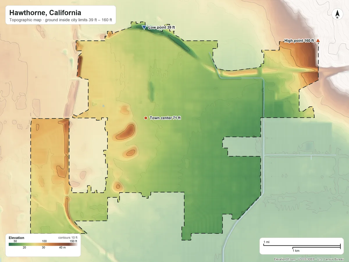 Topographic elevation map of Hawthorne, California, shaded from 39 ft on the north side to 160 ft on the northeast side