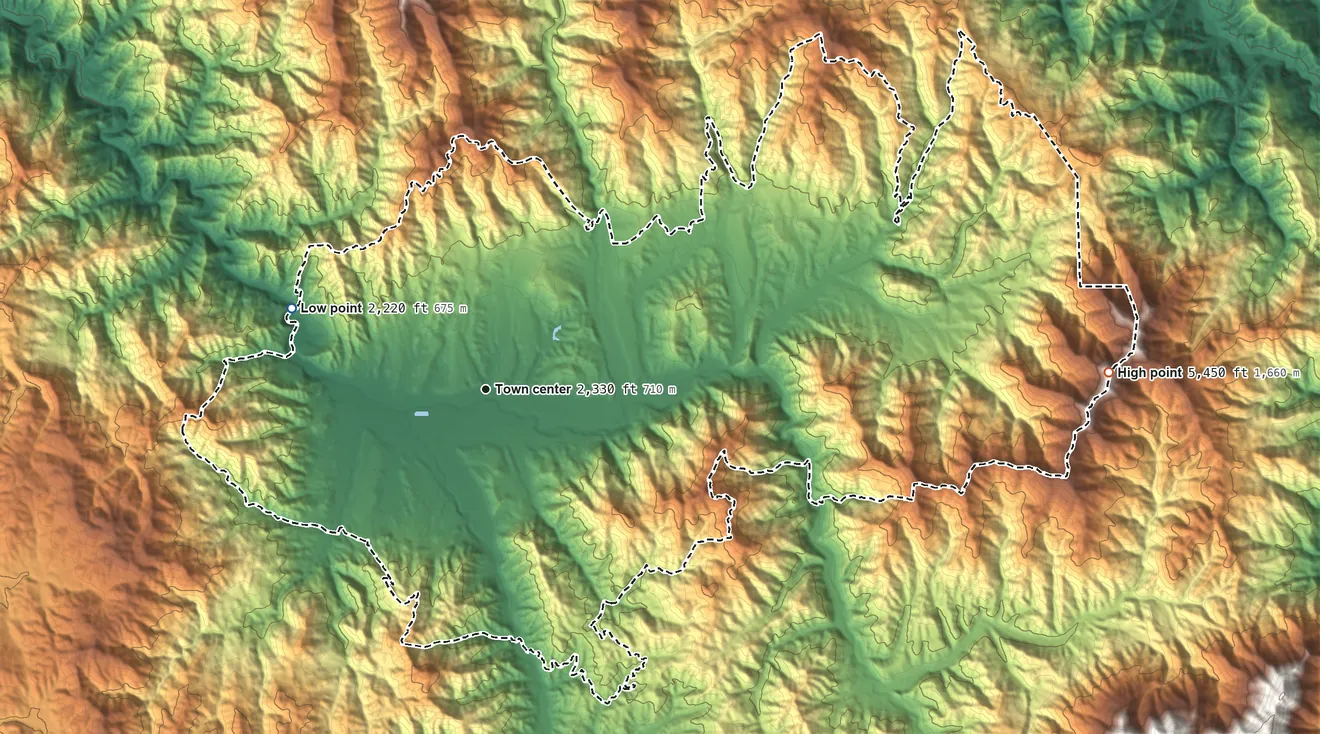 Topographic elevation map of Hayfork, California, shaded from 2,220 ft on the northwest side to 5,452 ft on Wells Mountain