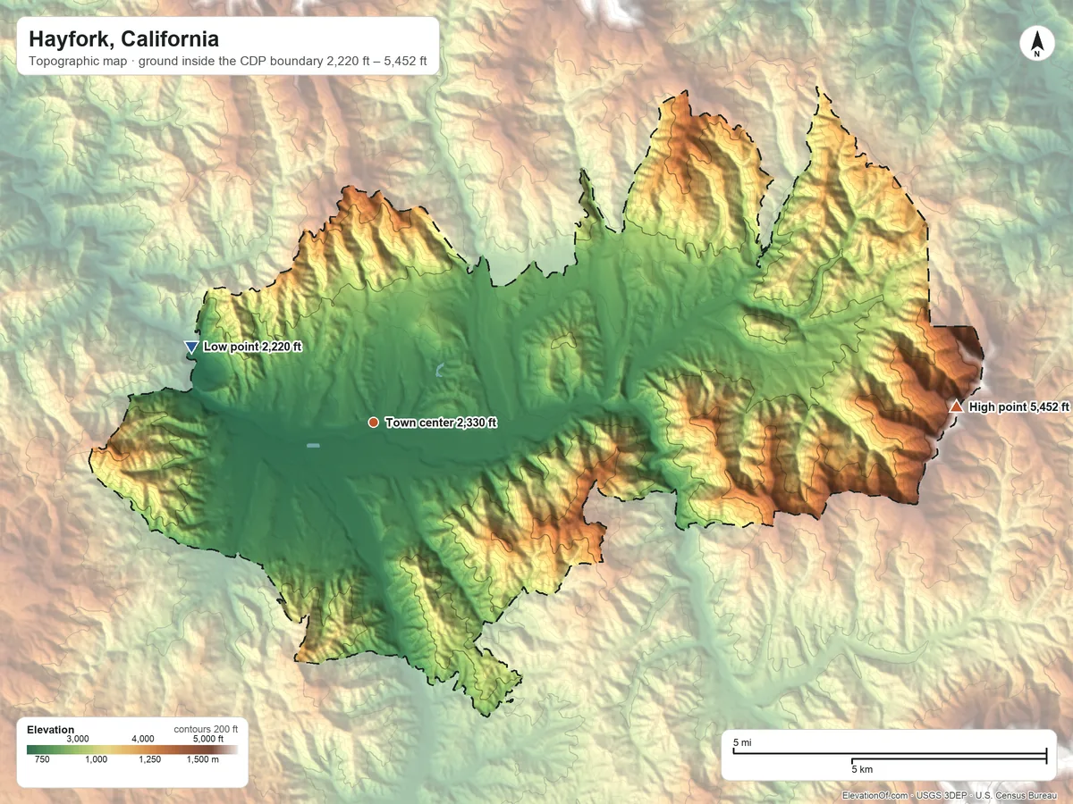 Topographic elevation map of Hayfork, California, shaded from 2,220 ft on the northwest side to 5,452 ft on Wells Mountain