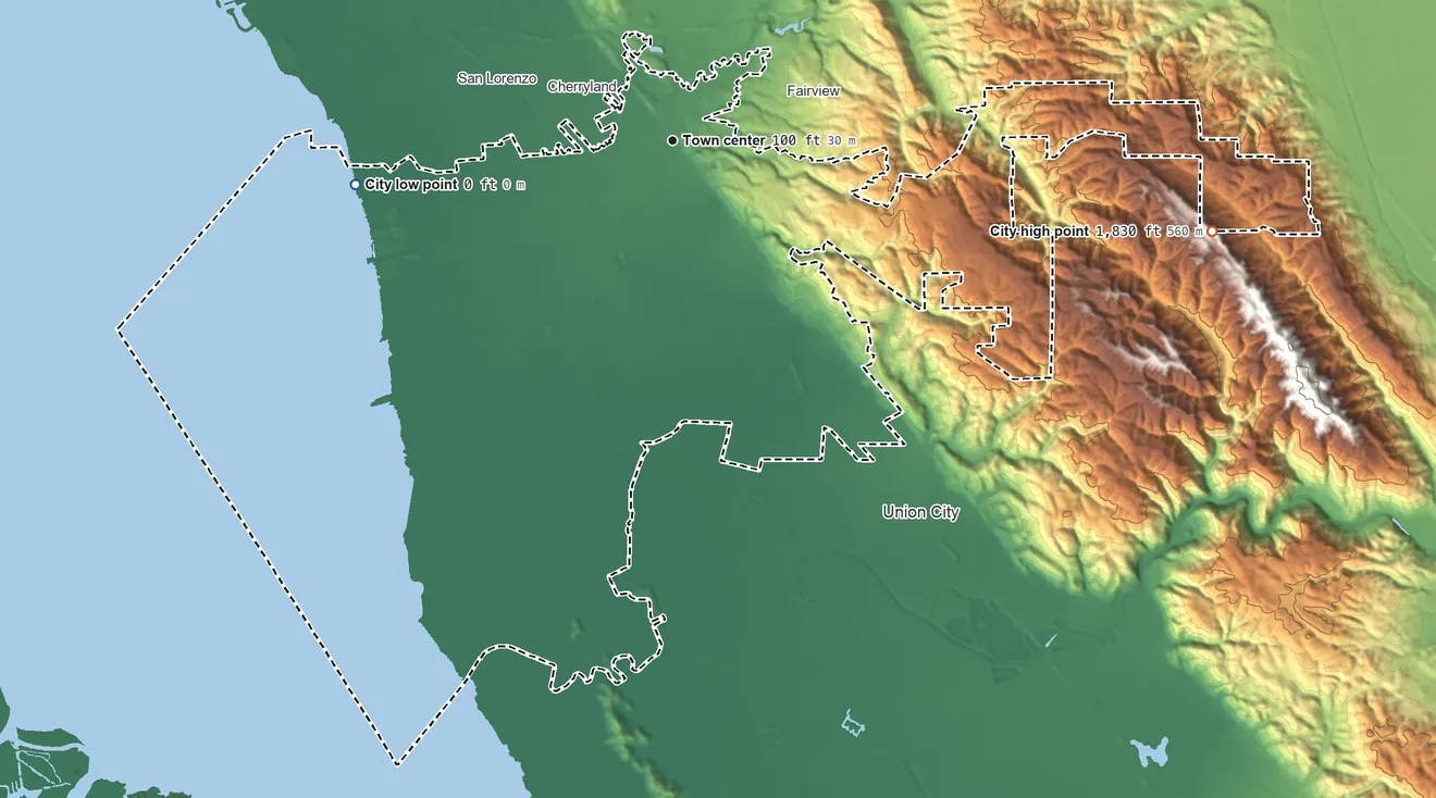 Topographic elevation map of Hayward, California, shaded from sea level level on San Francisco Bay to 1,830 ft on the east side