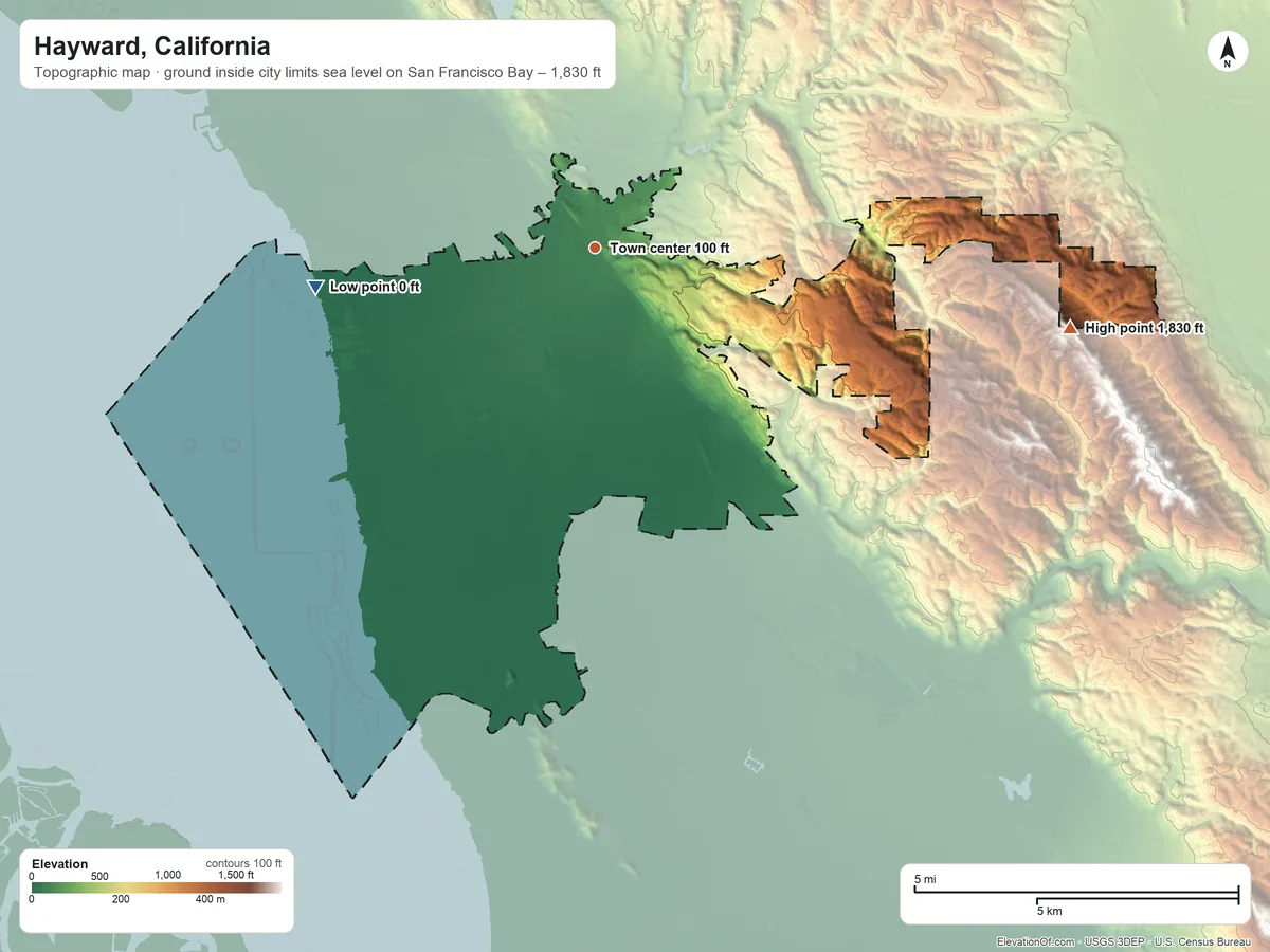 Topographic elevation map of Hayward, California, shaded from sea level level on San Francisco Bay to 1,830 ft on the east side