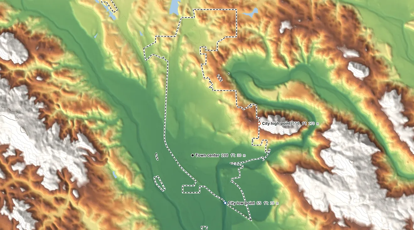 Topographic elevation map of Healdsburg, California, shaded from 65 ft on the southeast side to 550 ft at the foot of the Bald Hills