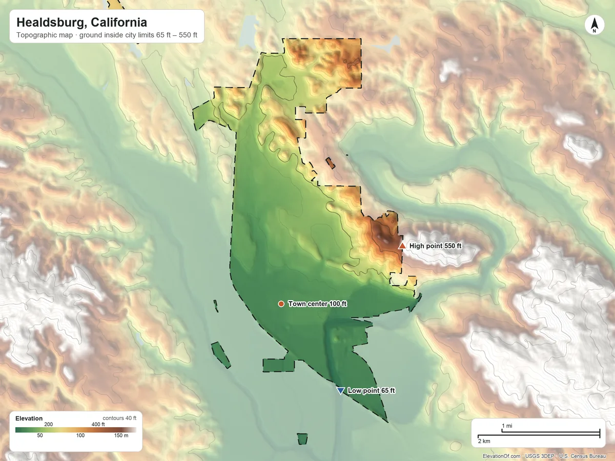 Topographic elevation map of Healdsburg, California, shaded from 65 ft on the southeast side to 550 ft at the foot of the Bald Hills
