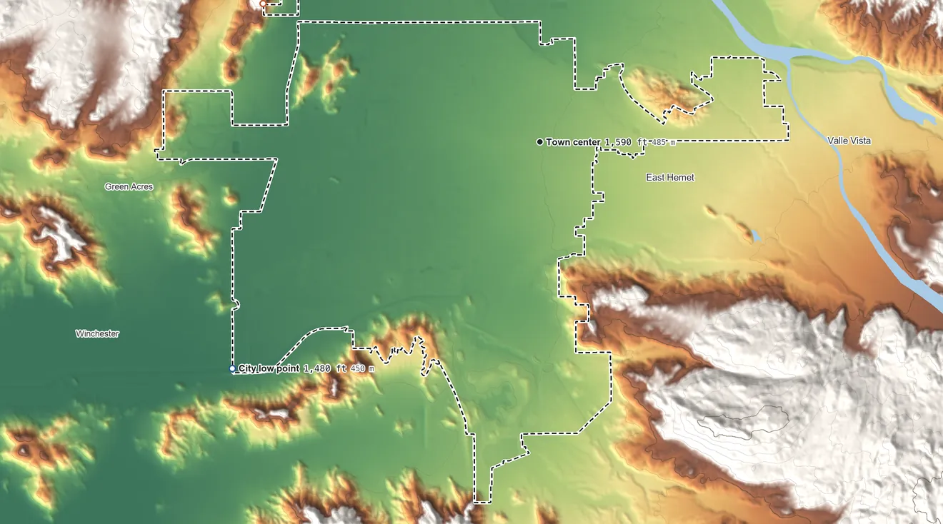 Topographic elevation map of Hemet, California, shaded from 1,480 ft on the southwest side to 2,180 ft at the foot of the Lakeview Mountains
