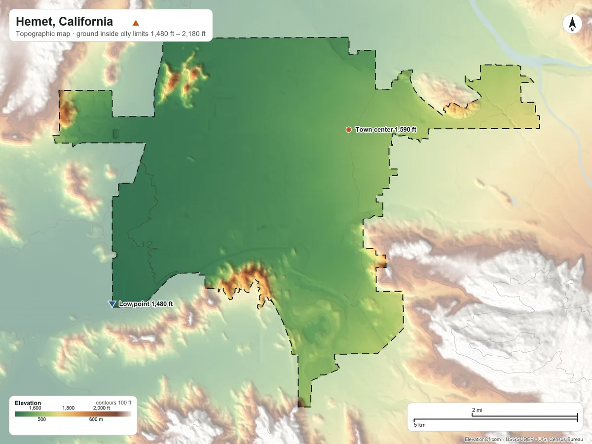 Topographic elevation map of Hemet, California, shaded from 1,480 ft on the southwest side to 2,180 ft at the foot of the Lakeview Mountains