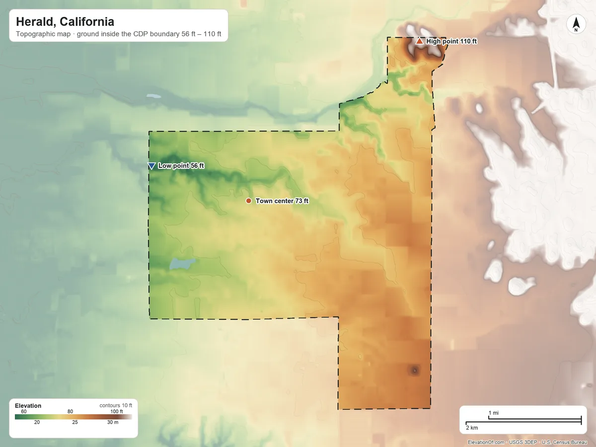 Topographic elevation map of Herald, California, shaded from 56 ft on the west side to 110 ft on the northeast side