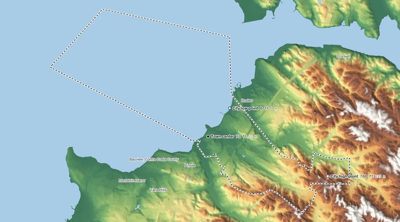 Topographic elevation map of Hercules, California, shaded from sea level level on San Pablo Bay to 780 ft on the east side
