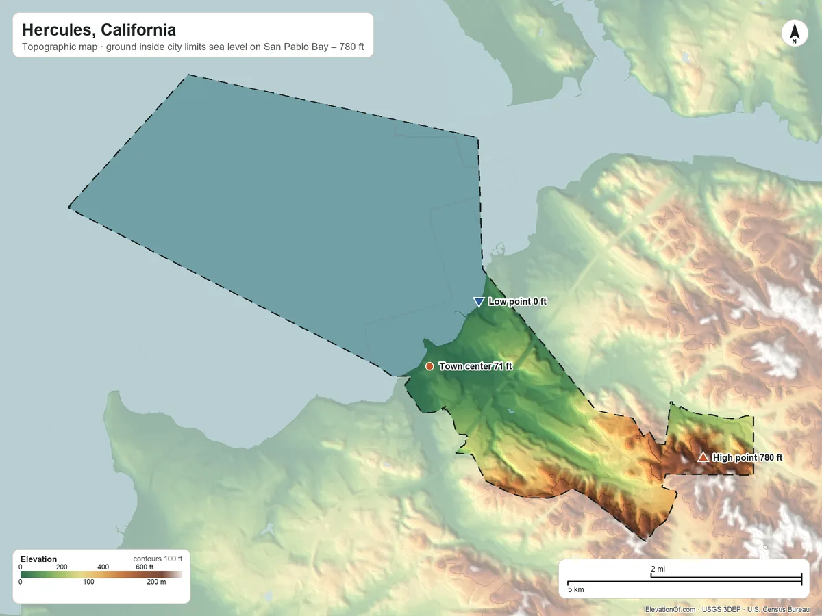 Topographic elevation map of Hercules, California, shaded from sea level level on San Pablo Bay to 780 ft on the east side