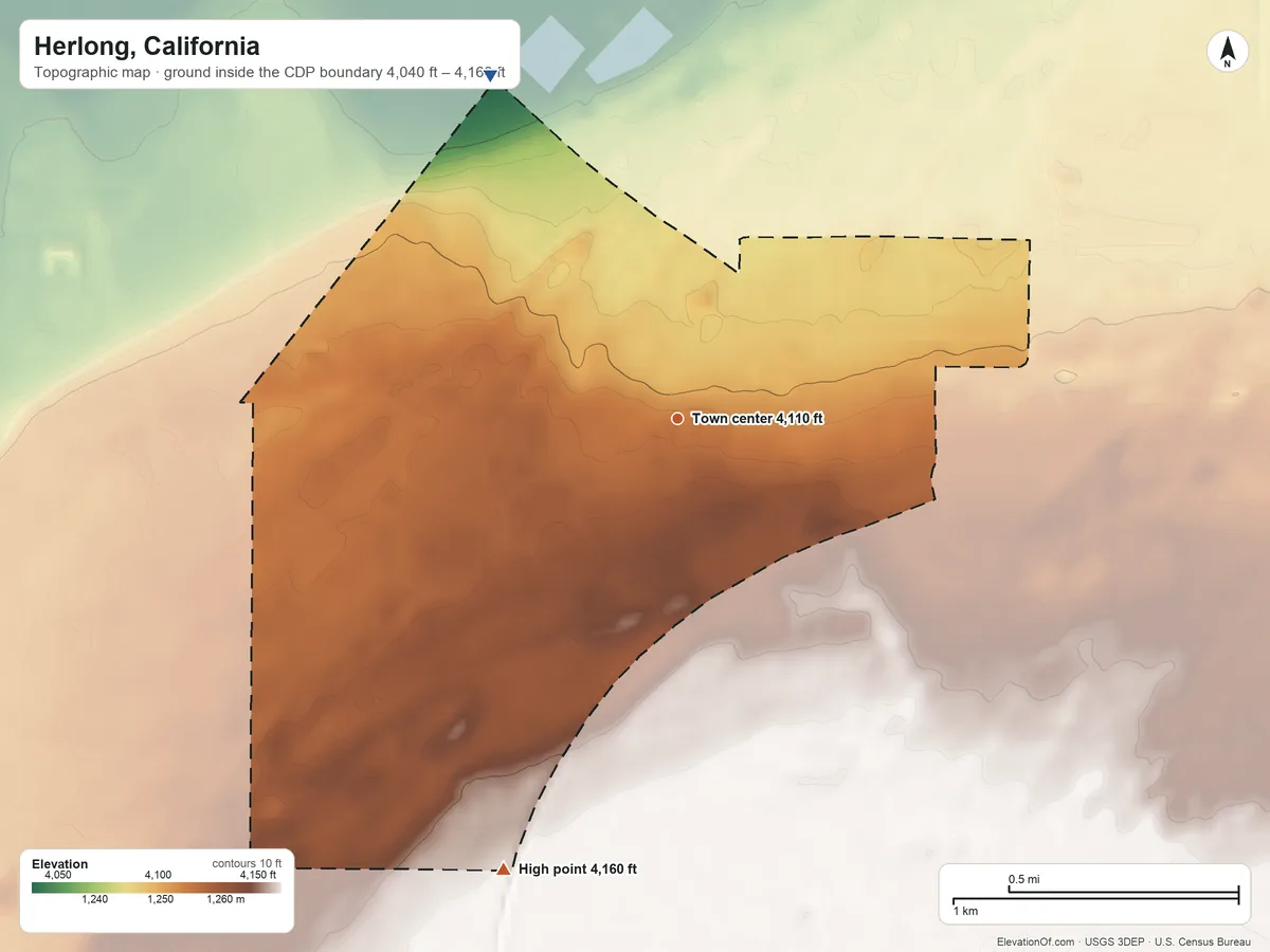Topographic elevation map of Herlong, California, shaded from 4,040 ft on the northwest side to 4,160 ft on the south side