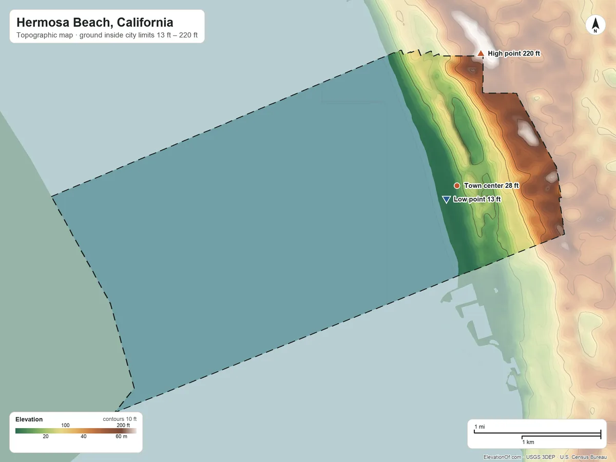 Topographic elevation map of Hermosa Beach, California, shaded from 13 ft near the middle to 220 ft on the north side