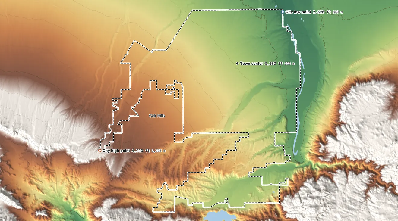 Topographic elevation map of Hesperia, California, shaded from 2,820 ft on the northeast side to 4,210 ft on the southwest side