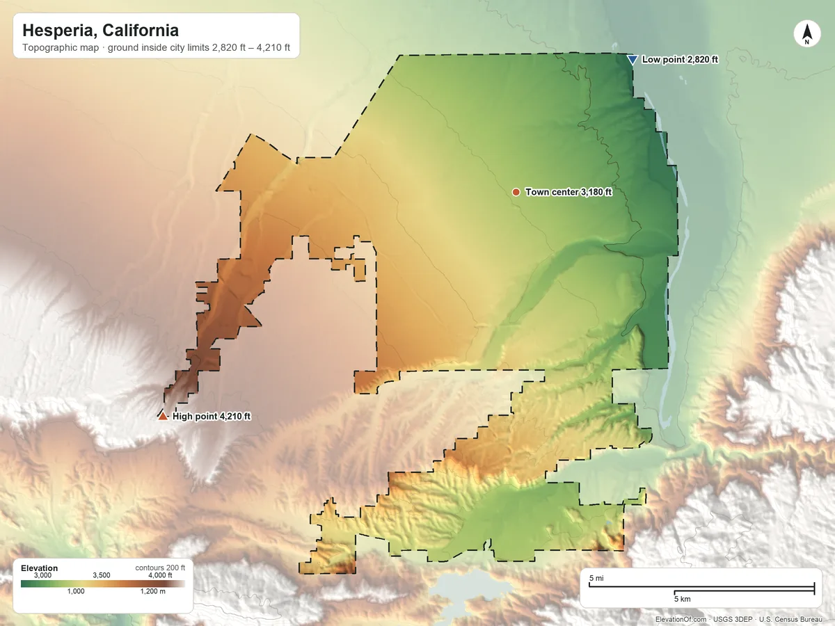 Topographic elevation map of Hesperia, California, shaded from 2,820 ft on the northeast side to 4,210 ft on the southwest side