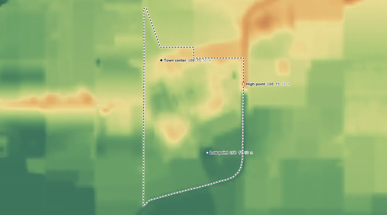 Topographic elevation map of Hickman, California, shaded from 160 ft on the southeast side to 180 ft on the east side