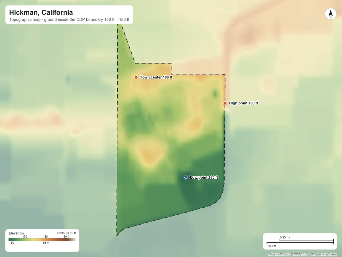 Topographic elevation map of Hickman, California, shaded from 160 ft on the southeast side to 180 ft on the east side