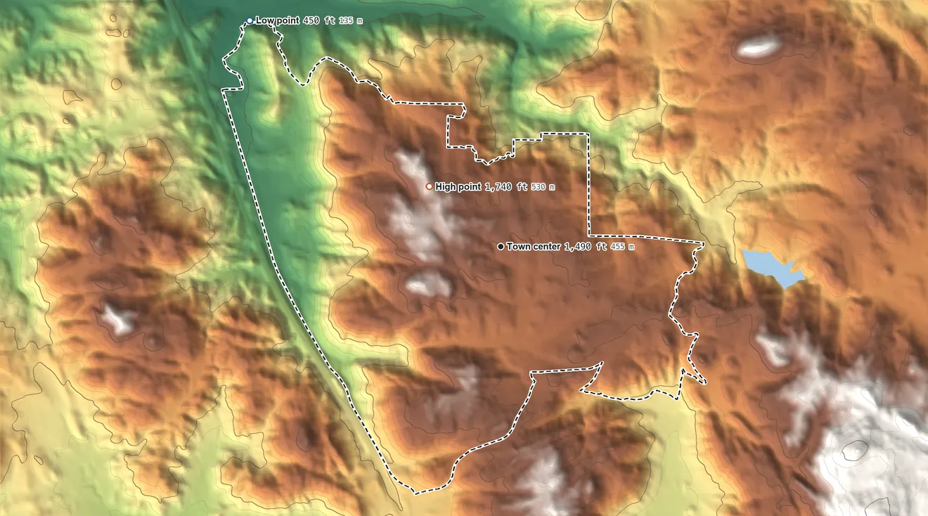 Topographic elevation map of Hidden Meadows, California, shaded from 450 ft on the northwest side to 1,740 ft on the northwest side