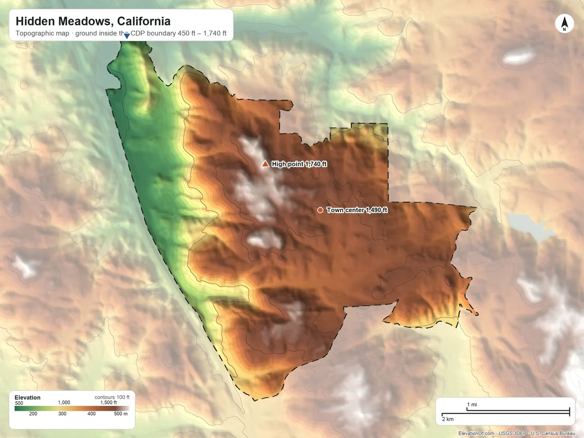 Topographic elevation map of Hidden Meadows, California, shaded from 450 ft on the northwest side to 1,740 ft on the northwest side