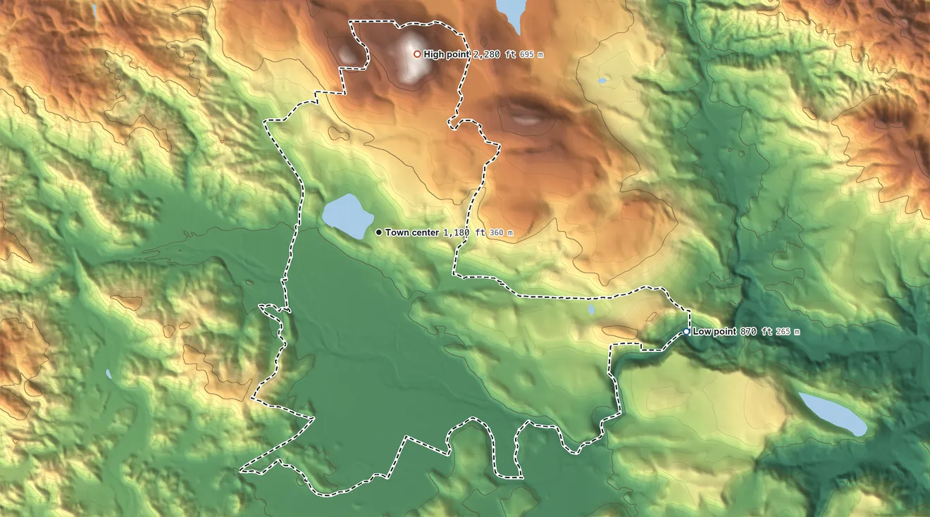 Topographic elevation map of Hidden Valley Lake, California, shaded from 870 ft on the east side to 2,280 ft on the north side