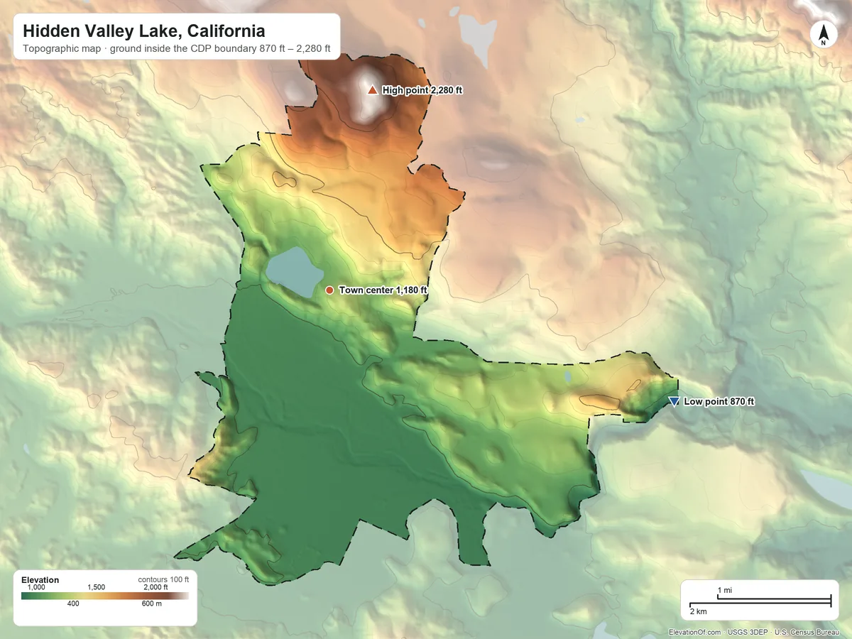 Topographic elevation map of Hidden Valley Lake, California, shaded from 870 ft on the east side to 2,280 ft on the north side