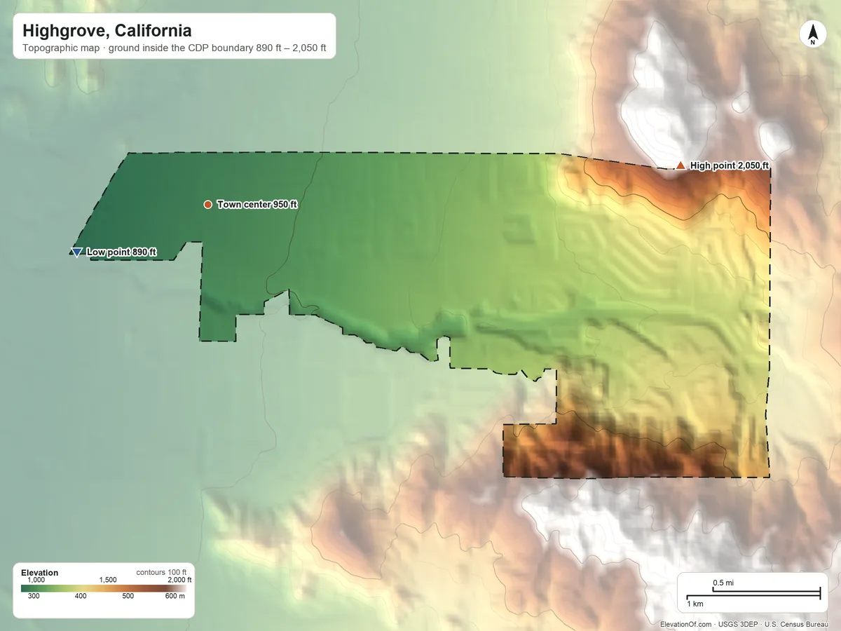 Topographic elevation map of Highgrove, California, shaded from 890 ft on the west side to 2,050 ft at the foot of the La Loma Hills