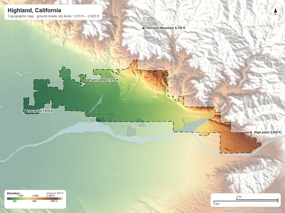 Topographic elevation map of Highland, California, shaded from 1,070 ft on the southwest side to 2,920 ft at the foot of the Crafton Hills
