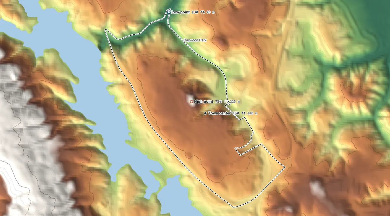 Topographic elevation map of Highlands, California, shaded from 130 ft on the north side to 750 ft at the foot of the Coyote Hills