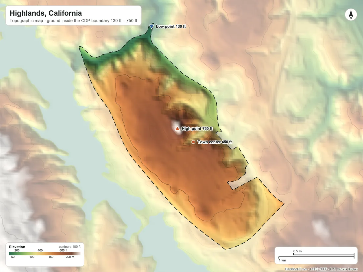 Topographic elevation map of Highlands, California, shaded from 130 ft on the north side to 750 ft at the foot of the Coyote Hills