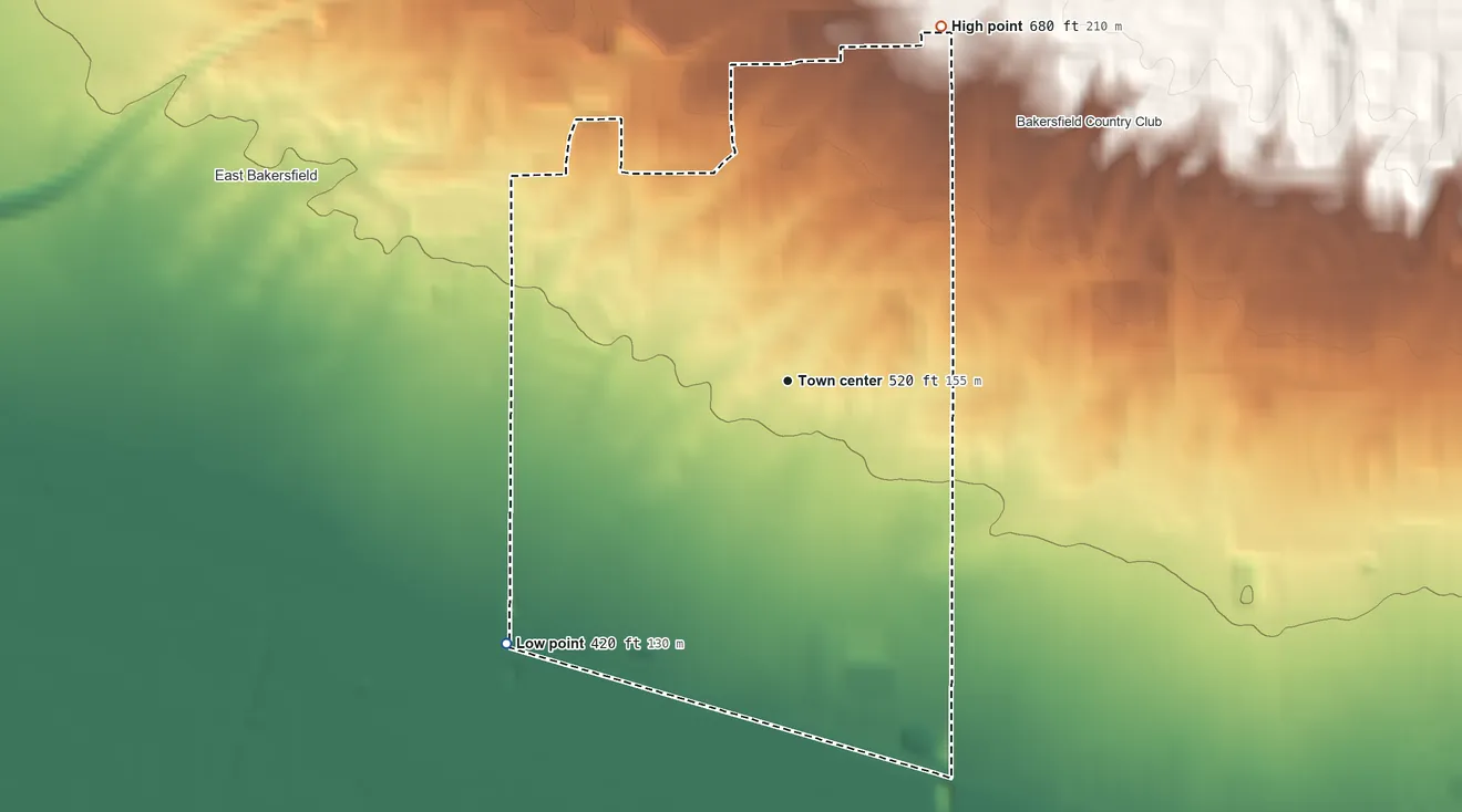 Topographic elevation map of Hillcrest, California, shaded from 420 ft on the southwest side to 680 ft on the northeast side