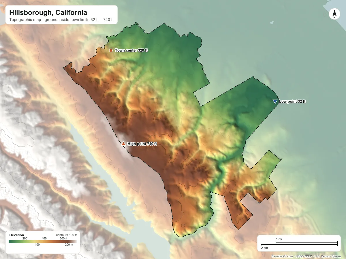Topographic elevation map of Hillsborough, California, shaded from 32 ft on the east side to 740 ft at the foot of the San Miguel Hills