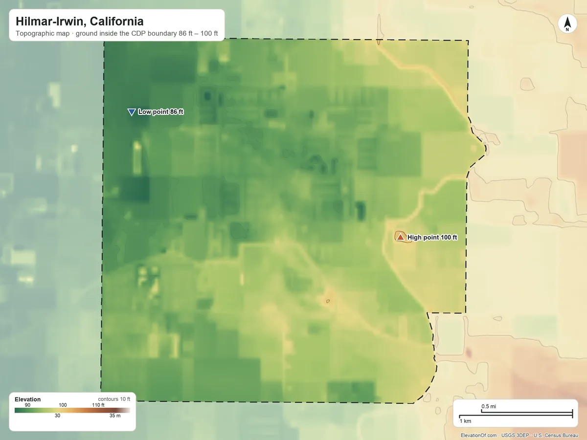 Topographic elevation map of Hilmar-Irwin, California, shaded from 86 ft on the west side to 100 ft on the southeast side
