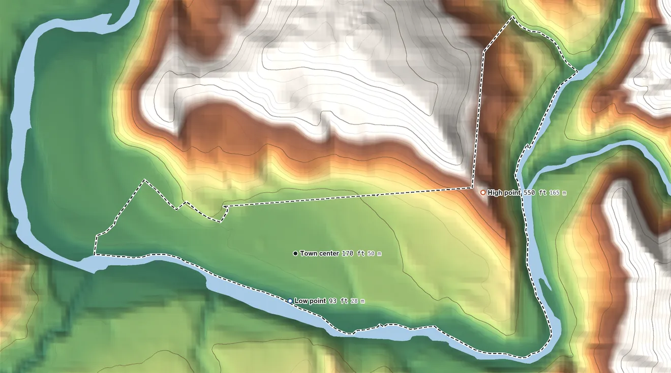 Topographic elevation map of Hiouchi, California, shaded from 93 ft near the middle to 550 ft at the foot of the Four Brothers