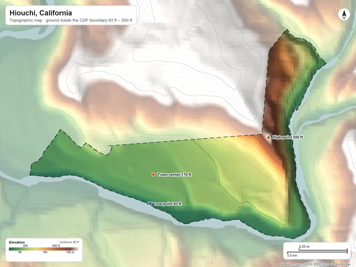 Topographic elevation map of Hiouchi, California, shaded from 93 ft near the middle to 550 ft at the foot of the Four Brothers