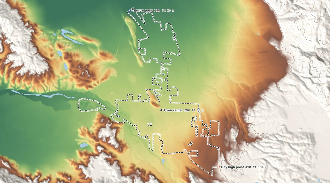 Topographic elevation map of Hollister, California, shaded from 190 ft on the north side to 490 ft on the southeast side