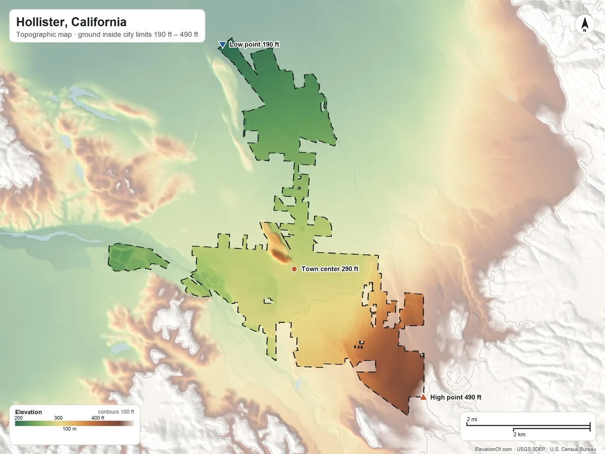 Topographic elevation map of Hollister, California, shaded from 190 ft on the north side to 490 ft on the southeast side