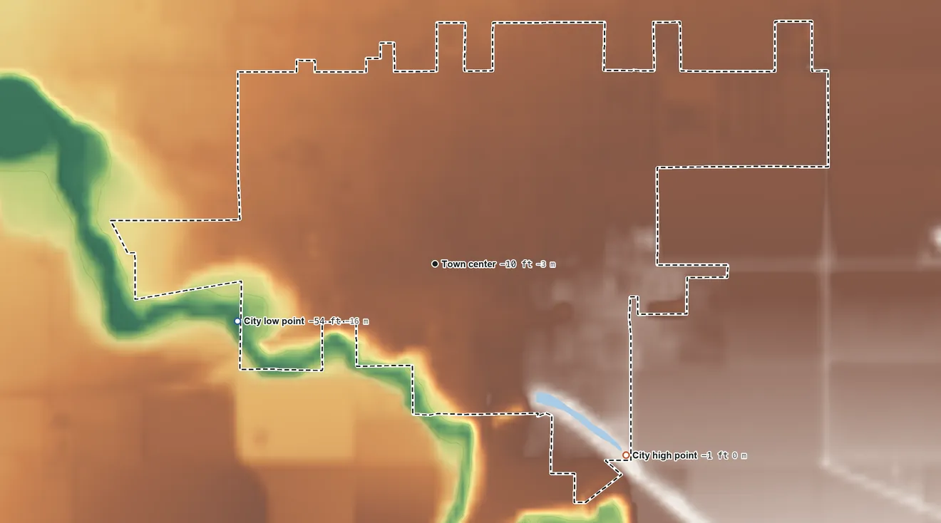 Topographic elevation map of Holtville, California, shaded from −54 ft on the west side to −1 ft on the southeast side