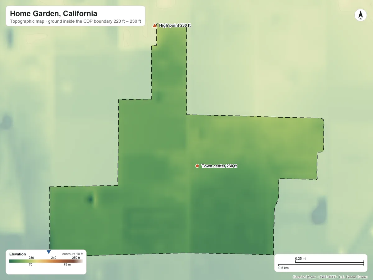 Topographic elevation map of Home Garden, California, shaded from 220 ft on the southwest side to 230 ft on the north side
