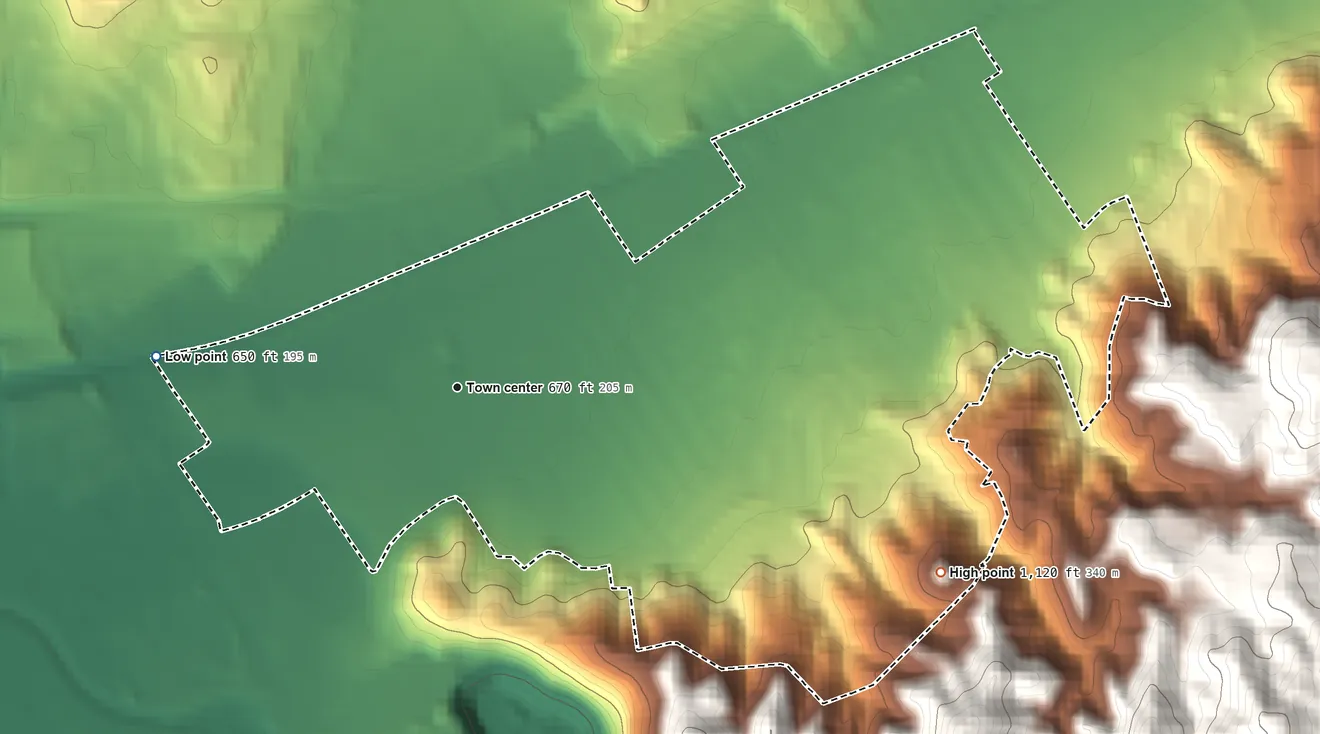 Topographic elevation map of Home Gardens, California, shaded from 650 ft on the west side to 1,120 ft at the foot of the Pedley Hills