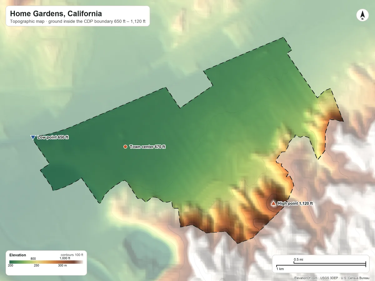 Topographic elevation map of Home Gardens, California, shaded from 650 ft on the west side to 1,120 ft at the foot of the Pedley Hills