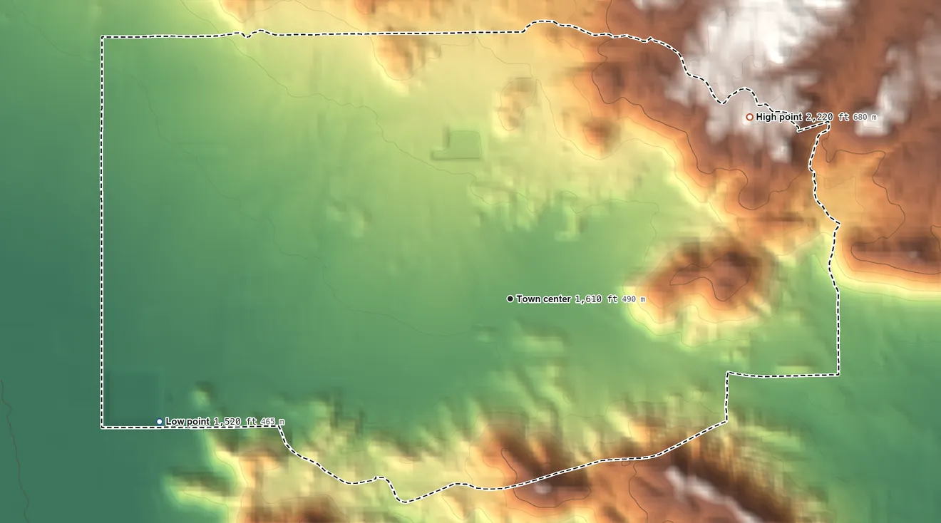 Topographic elevation map of Homeland, California, shaded from 1,520 ft on the west side to 2,220 ft at the foot of the Lakeview Mountains