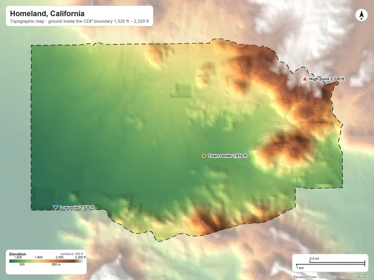 Topographic elevation map of Homeland, California, shaded from 1,520 ft on the west side to 2,220 ft at the foot of the Lakeview Mountains