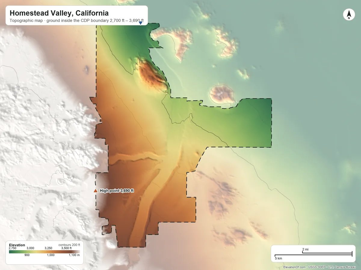 Topographic elevation map of Homestead Valley, California, shaded from 2,700 ft on the north side to 3,690 ft at the foot of the Bartlett Mountains