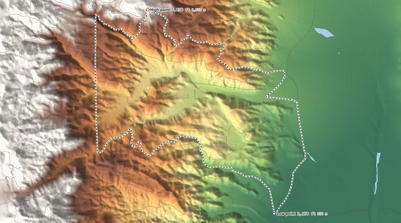 Topographic elevation map of Homewood Canyon, California, shaded from 2,170 ft on the southeast side to 5,030 ft at the foot of the Argus Range