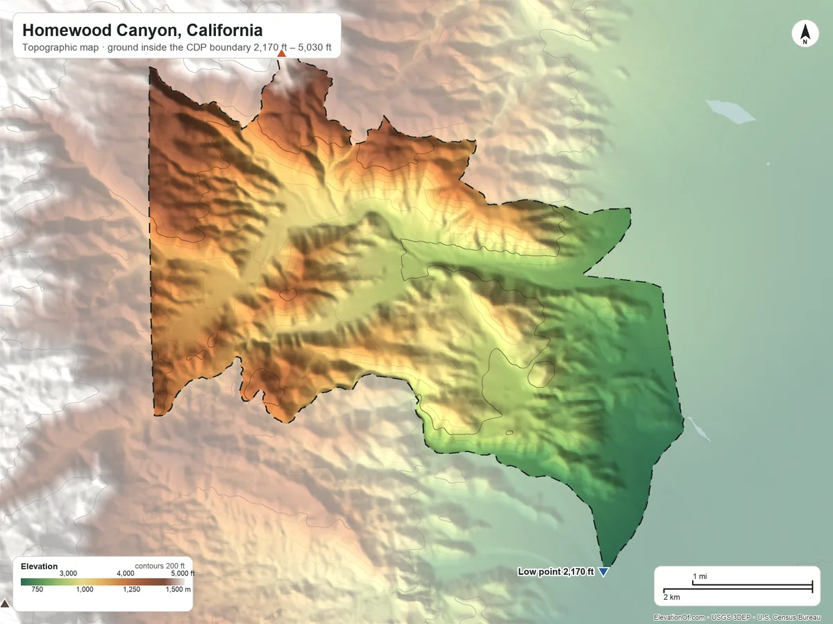 Topographic elevation map of Homewood Canyon, California, shaded from 2,170 ft on the southeast side to 5,030 ft at the foot of the Argus Range