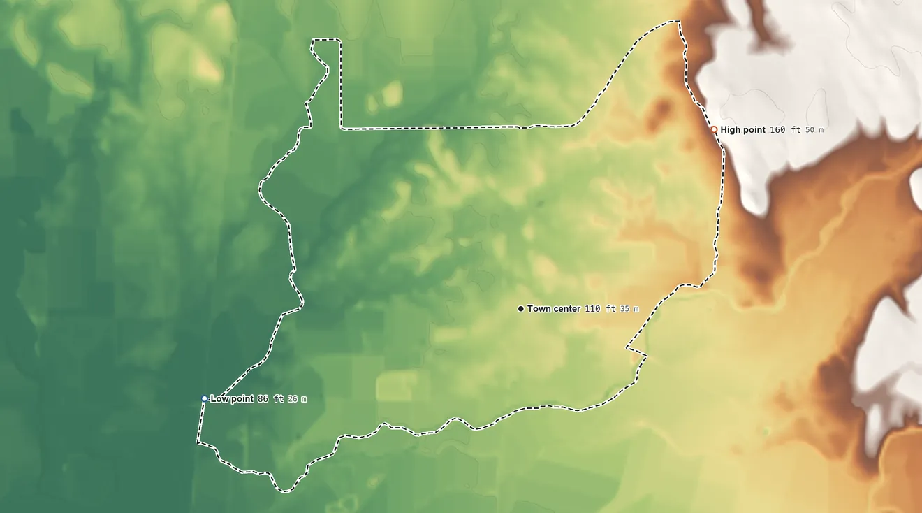 Topographic elevation map of Honcut, California, shaded from 86 ft on the west side to 160 ft on the northeast side