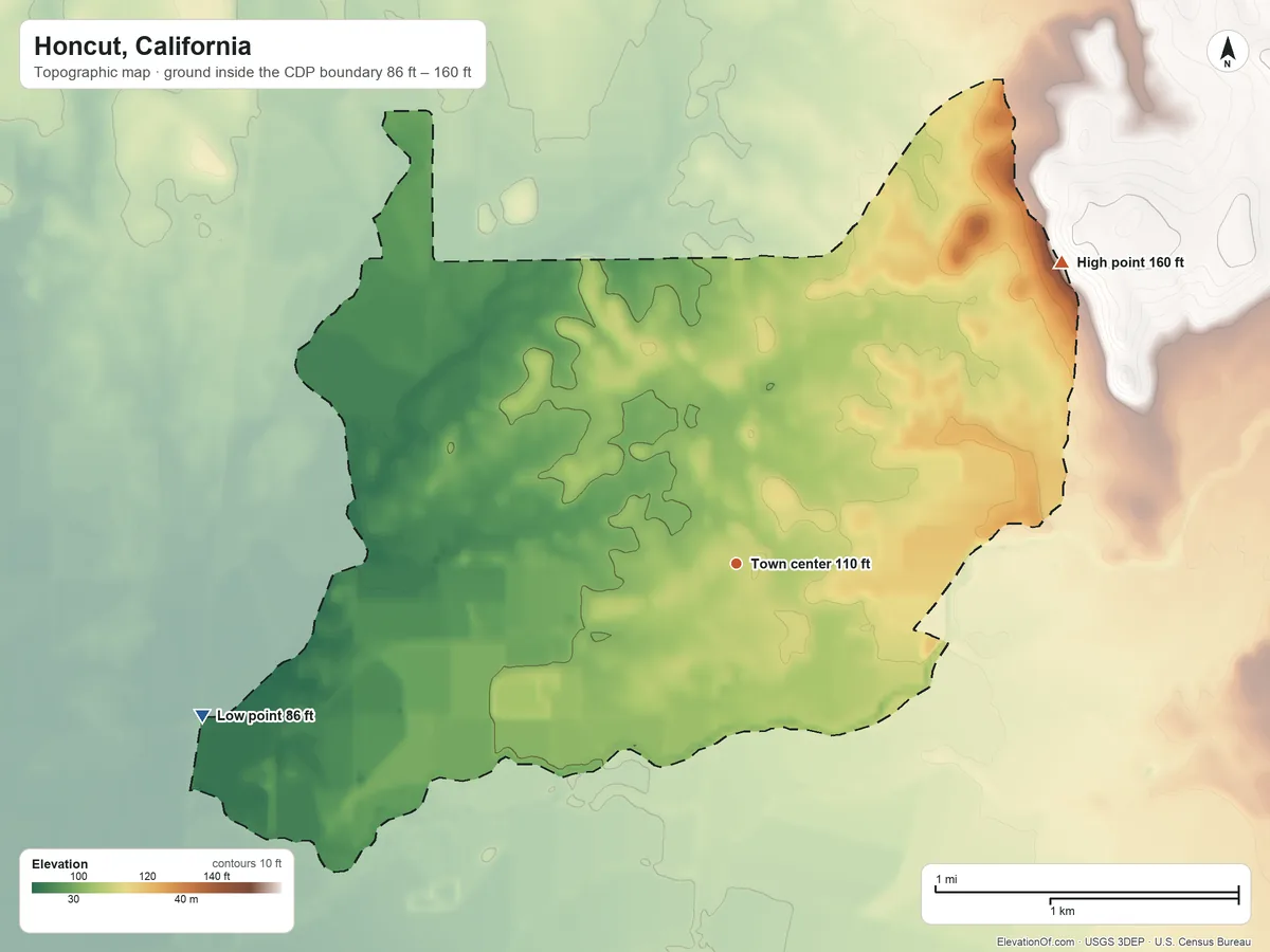 Topographic elevation map of Honcut, California, shaded from 86 ft on the west side to 160 ft on the northeast side