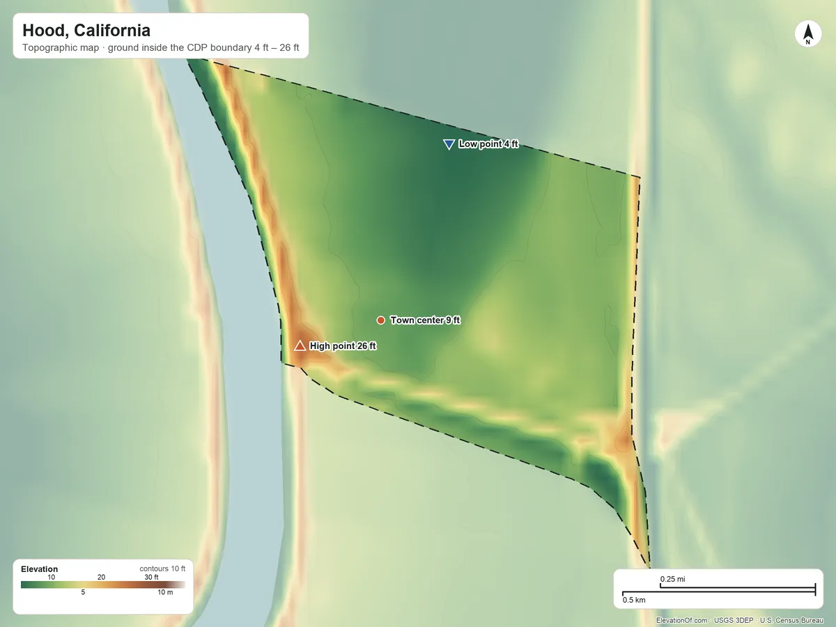 Topographic elevation map of Hood, California, shaded from 4 ft on the north side to 26 ft on the west side