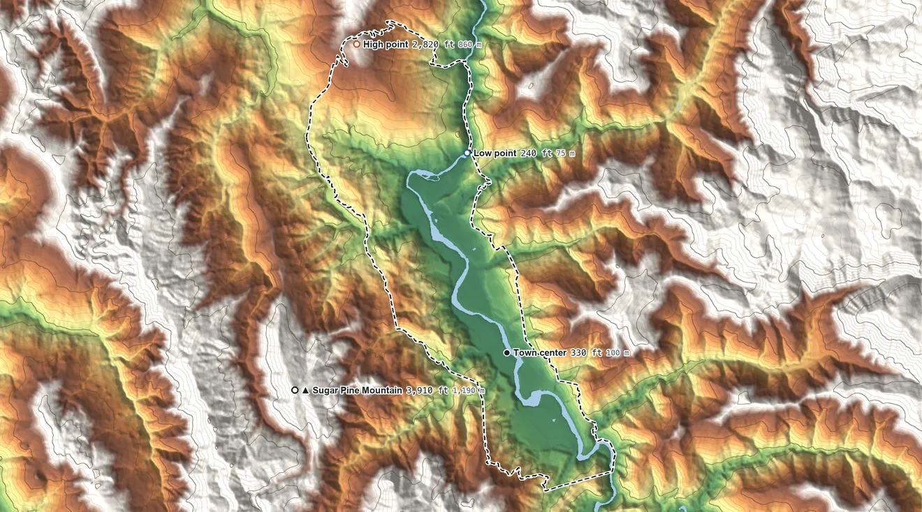 Topographic elevation map of Hoopa, California, shaded from 240 ft on the north side to 2,820 ft on the northwest side