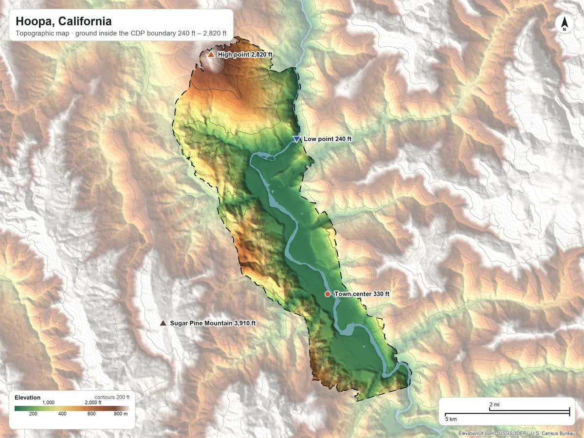 Topographic elevation map of Hoopa, California, shaded from 240 ft on the north side to 2,820 ft on the northwest side
