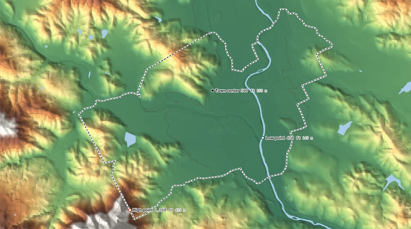 Topographic elevation map of Hopland, California, shaded from 470 ft on the southeast side to 1,360 ft on the southwest edge, below higher ground just outside
