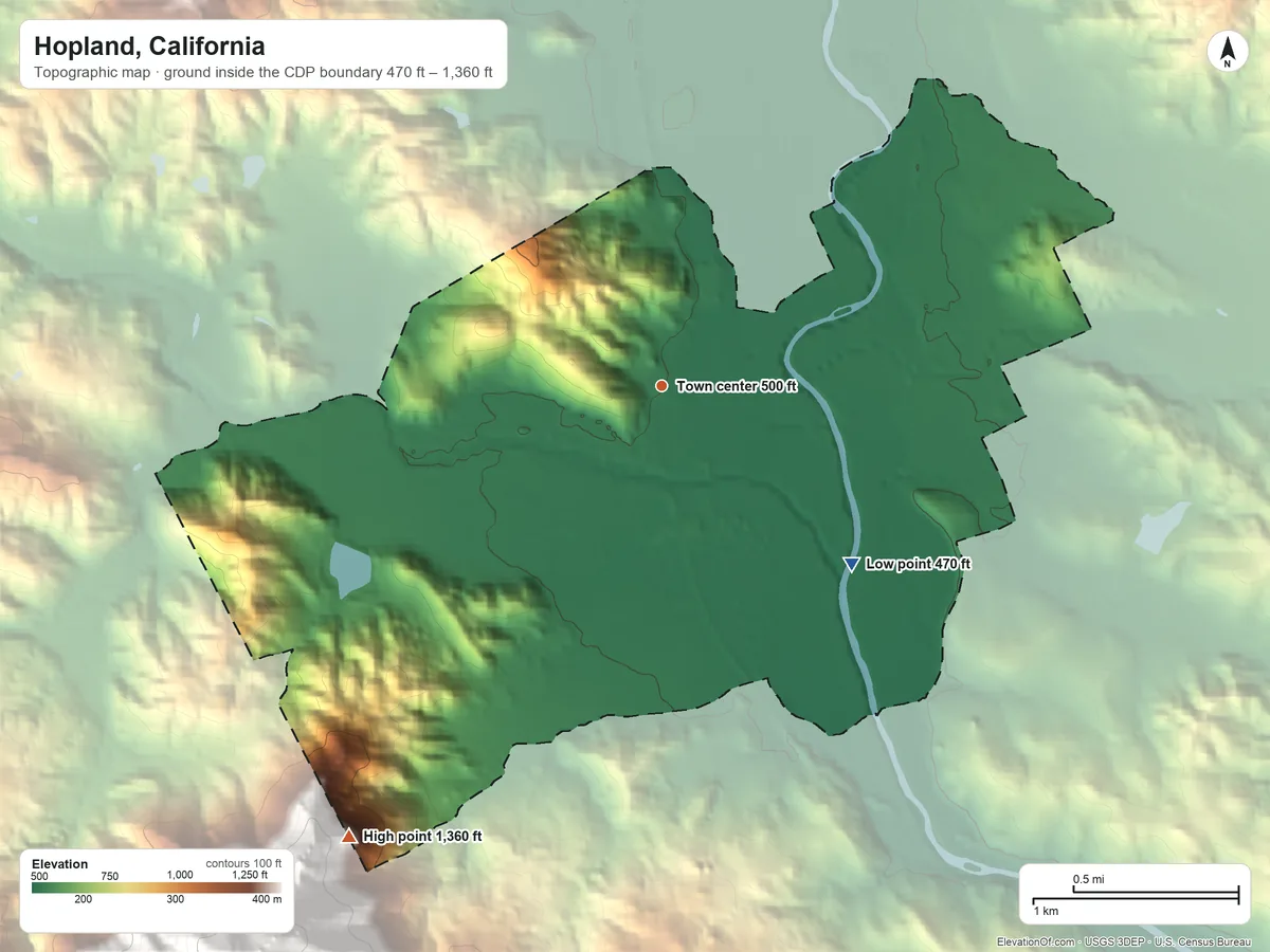 Topographic elevation map of Hopland, California, shaded from 470 ft on the southeast side to 1,360 ft on the southwest edge, below higher ground just outside