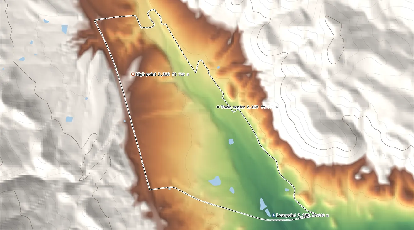 Topographic elevation map of Hornbrook, California, shaded from 2,100 ft on the southeast side to 2,330 ft on the west edge, below higher ground just outside